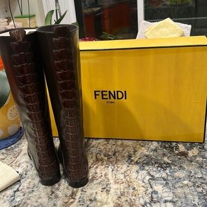 Fendi Knee High Leather boots with crocodile skin in the back